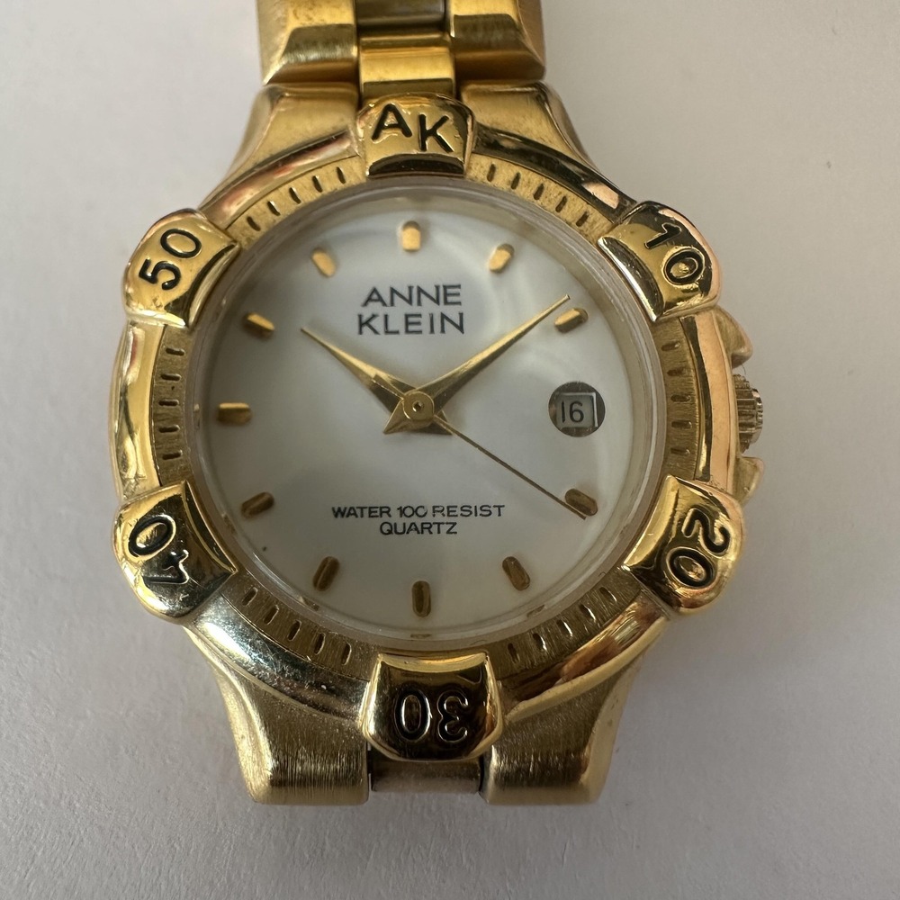 VTG 1990s Anne Klein Watch Womens Gold Tone Date White Dial Quartz 100FTW17964-5